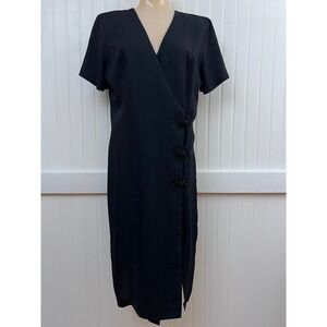 Vtg Dress Black Formal Gothic V Neck Sheath Short Sleeve Frog Closures USA Made